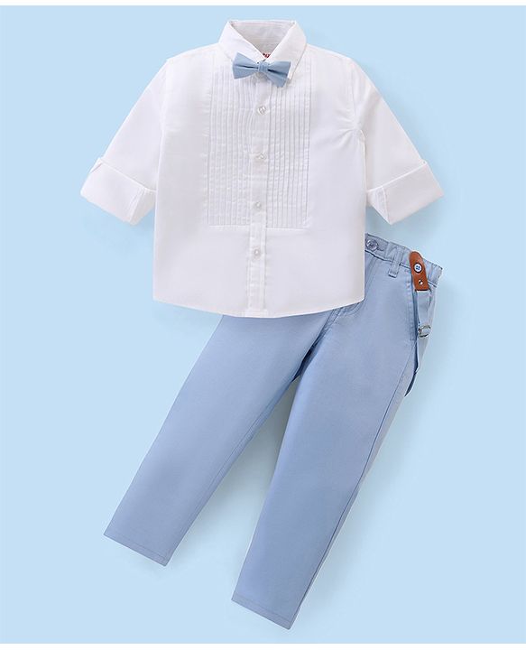 Babyhug Cotton Woven Full Sleeves Solid Party Wear Shirt & Trouser Set with Suspender & Bow - Sky Blue