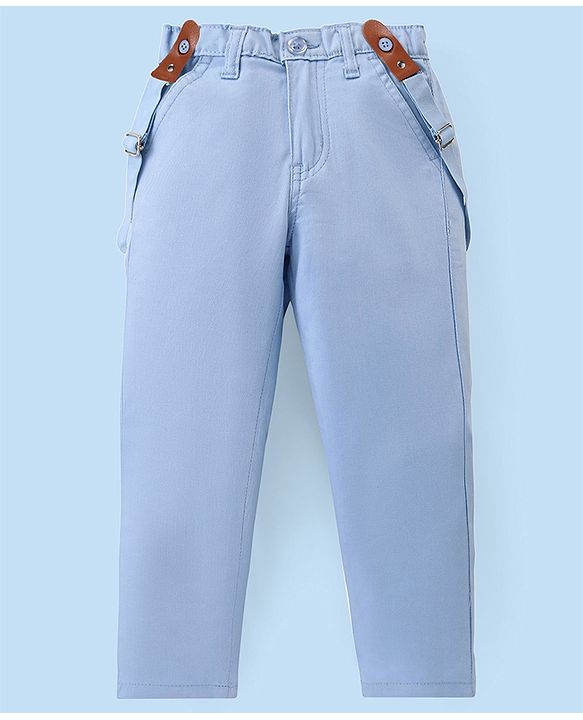 Babyhug Cotton Woven Full Sleeves Solid Party Wear Shirt & Trouser Set with Suspender & Bow - Sky Blue