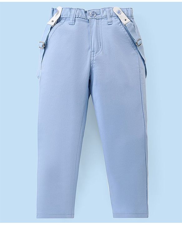 Babyhug Cotton Woven Full Sleeves Solid Party Wear Shirt & Trouser Set with Suspender & Bow - Sky Blue