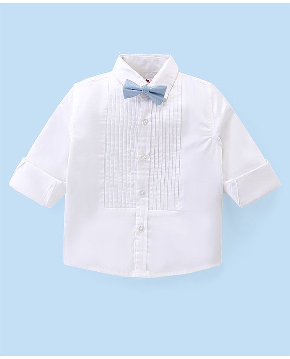 Babyhug Cotton Woven Full Sleeves Solid Party Wear Shirt & Trouser Set with Suspender & Bow - Sky Blue