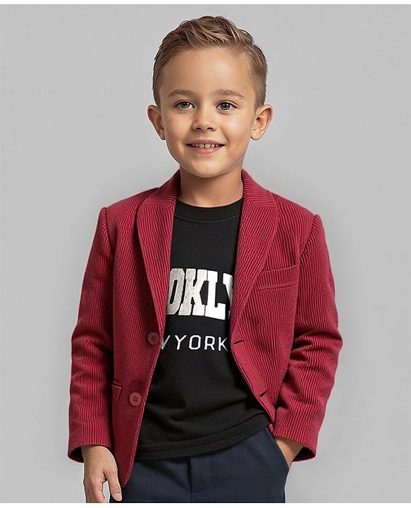 Babyhug Woven  Full Sleeves Solid Blazer With Text Print T-Shirt - Maroon & Black