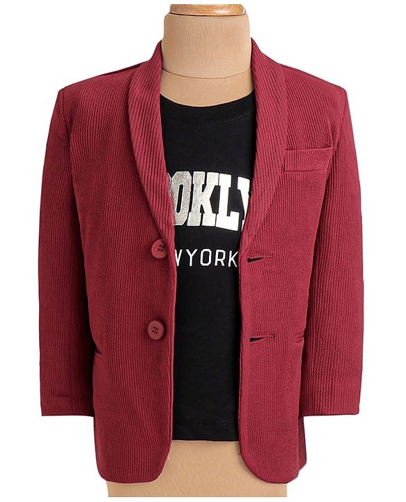 Babyhug Woven  Full Sleeves Solid Blazer With Text Print T-Shirt - Maroon & Black