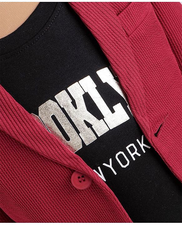Babyhug Woven  Full Sleeves Solid Blazer With Text Print T-Shirt - Maroon & Black