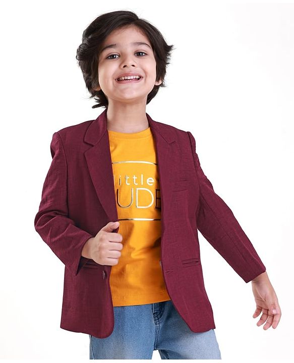 Babyhug Woven Full Sleeves Solid Colour Blazer & Printed T-Shirt - Maroon