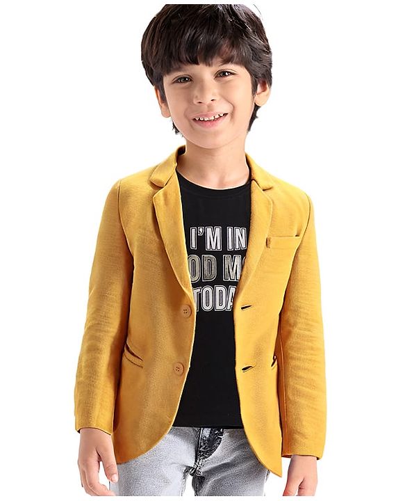 Babyhug  Full Sleeves Solid Colour Party Wear Premium Linen Blazer with Printed T-Shirt- Yellow