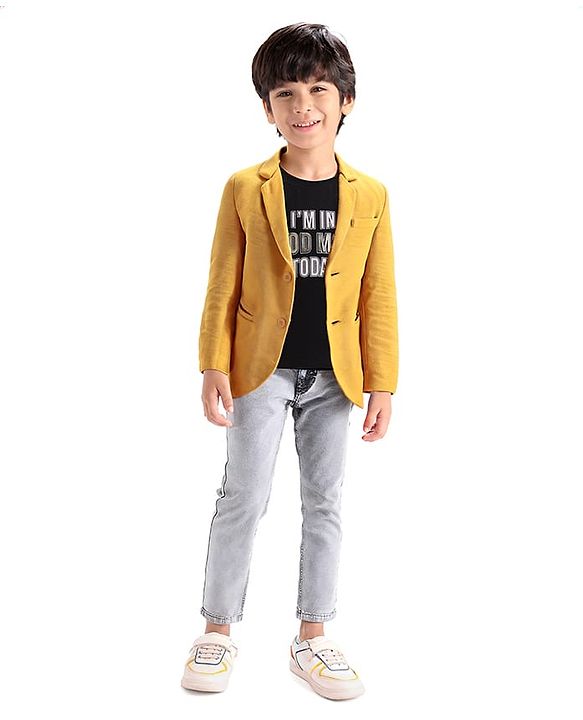 Babyhug  Full Sleeves Solid Colour Party Wear Premium Linen Blazer with Printed T-Shirt- Yellow