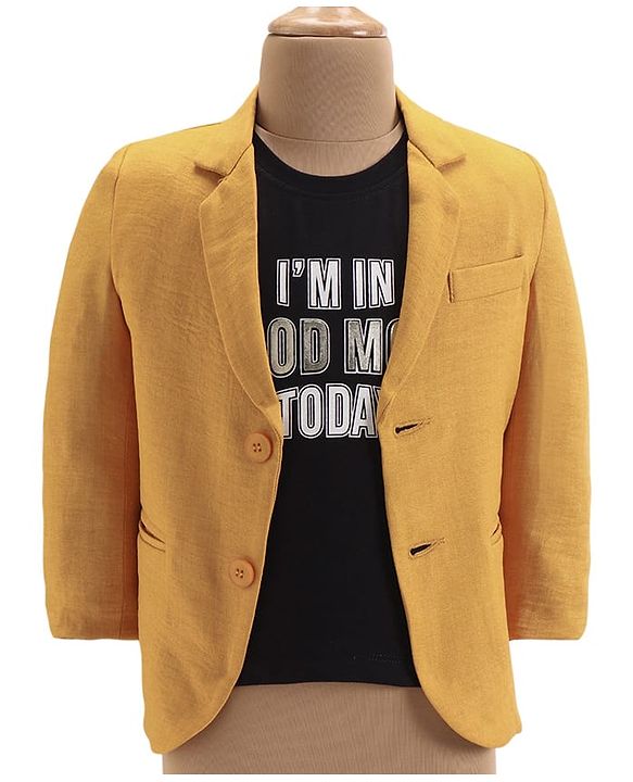 Babyhug  Full Sleeves Solid Colour Party Wear Premium Linen Blazer with Printed T-Shirt- Yellow