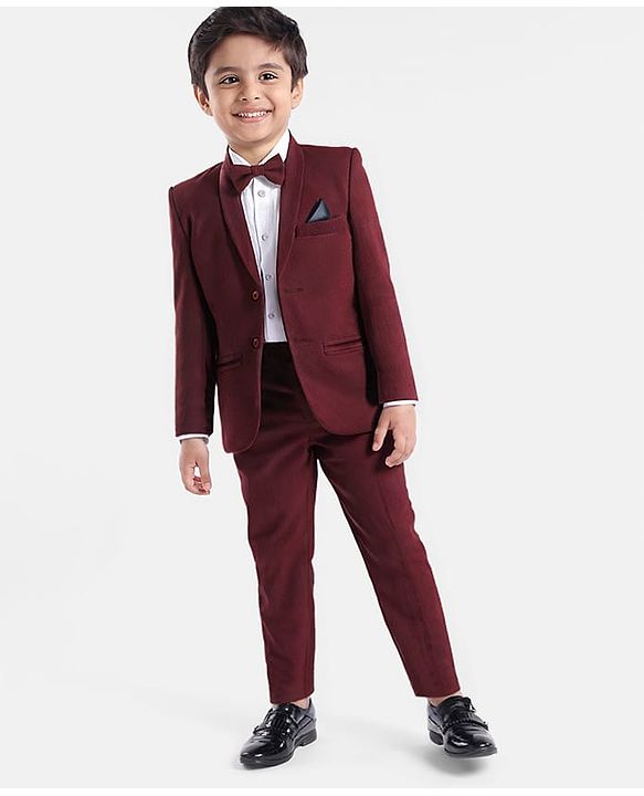 Babyhug Woven Full Sleeves Solid Colour 3 Piece Party Suit with Bow - Maroon