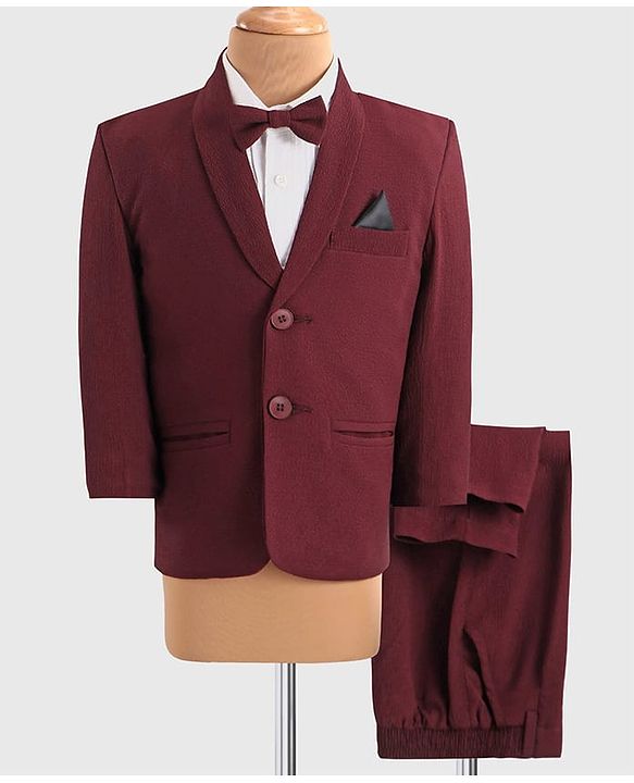 Babyhug Woven Full Sleeves Solid Colour 3 Piece Party Suit with Bow - Maroon