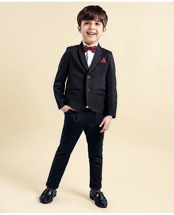 Babyhug Woven Full Sleeves Solid Colour 3 Piece Party Suit with Bow - Black & White