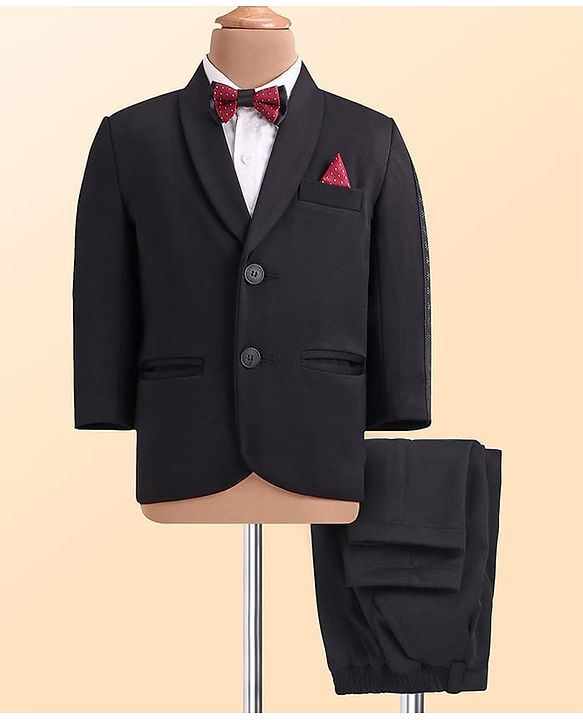 Babyhug Woven Full Sleeves Solid Colour 3 Piece Party Suit with Bow - Black & White
