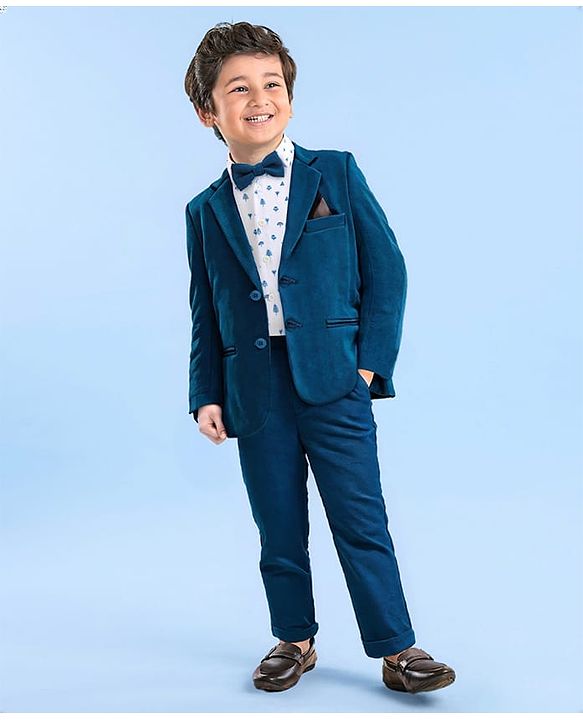 Babyhug Woven Full Sleeves Tree Printed 3 Piece Party Suit - Blue