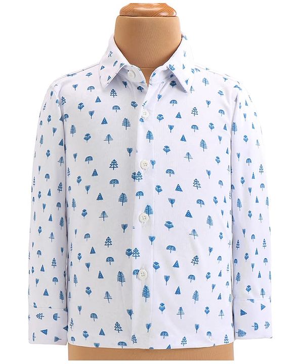 Babyhug Woven Full Sleeves Tree Printed 3 Piece Party Suit - Blue