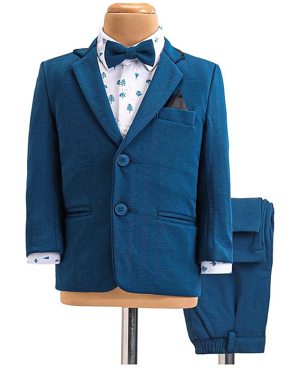 Babyhug Woven Full Sleeves Tree Printed 3 Piece Party Suit - Blue