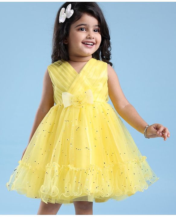 Babyhug Woven Sleeveless Fit & Flare Party Frock with Embellished Yoke & Bow Applique- Yellow