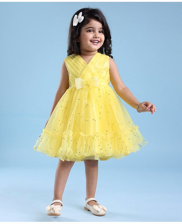 Babyhug Woven Sleeveless Fit & Flare Party Frock with Embellished Yoke & Bow Applique- Yellow