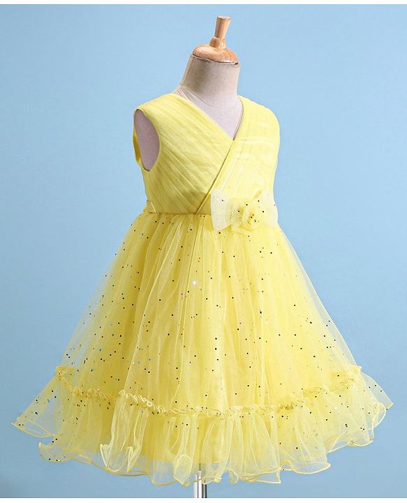 Babyhug Woven Sleeveless Fit & Flare Party Frock with Embellished Yoke & Bow Applique- Yellow