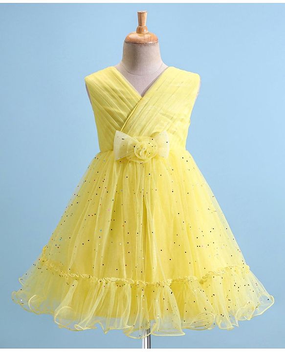 Babyhug Woven Sleeveless Fit & Flare Party Frock with Embellished Yoke & Bow Applique- Yellow
