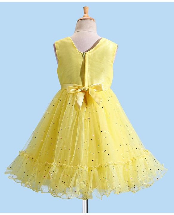 Babyhug Woven Sleeveless Fit & Flare Party Frock with Embellished Yoke & Bow Applique- Yellow