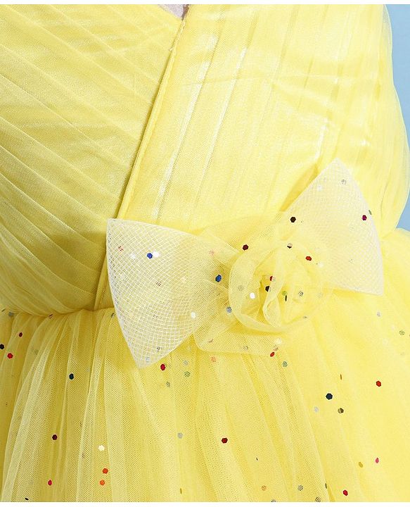 Babyhug Woven Sleeveless Fit & Flare Party Frock with Embellished Yoke & Bow Applique- Yellow