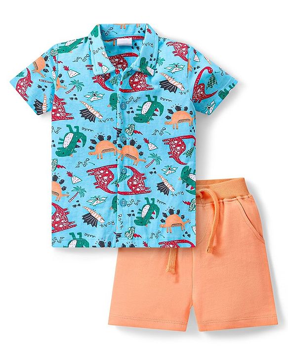 Babyhug Cotton Knit Half Sleeves Dinosaurs Printed Shirt & Shorts Set - Blue & Orange