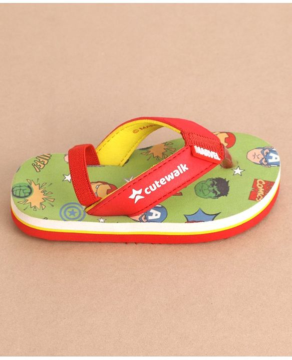 Cute Walk by Babyhug Marvel Flip Flops With Back Strap Avengers Print - Red & Green