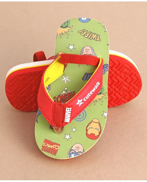 Cute Walk by Babyhug Marvel Flip Flops With Back Strap Avengers Print - Red & Green