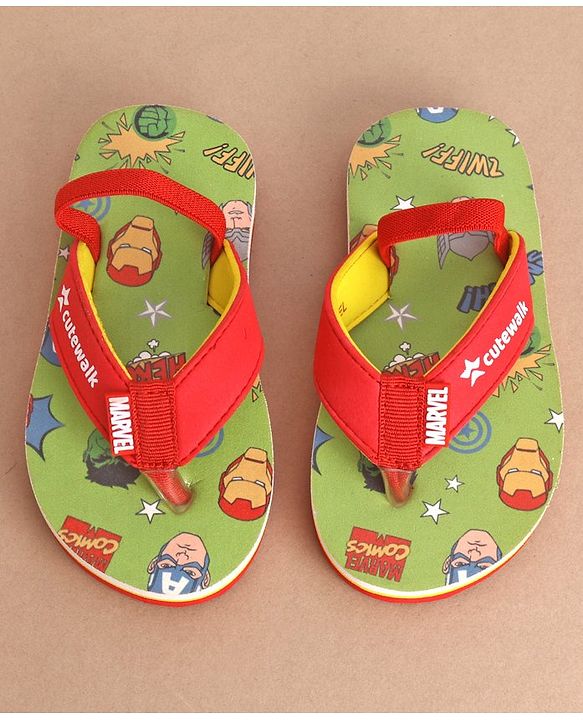 Cute Walk by Babyhug Marvel Flip Flops With Back Strap Avengers Print - Red & Green