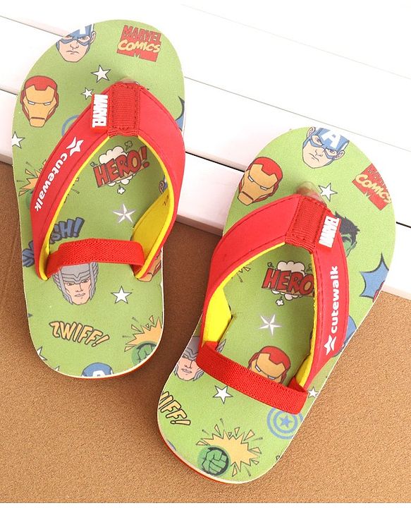 Cute Walk by Babyhug Marvel Flip Flops With Back Strap Avengers Print - Red & Green