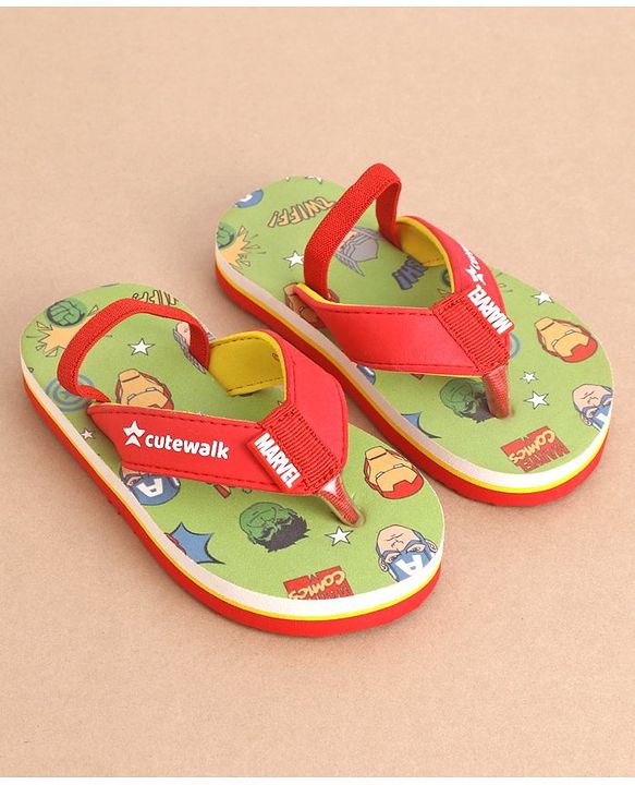 Cute Walk by Babyhug Marvel Flip Flops With Back Strap Avengers Print - Red & Green