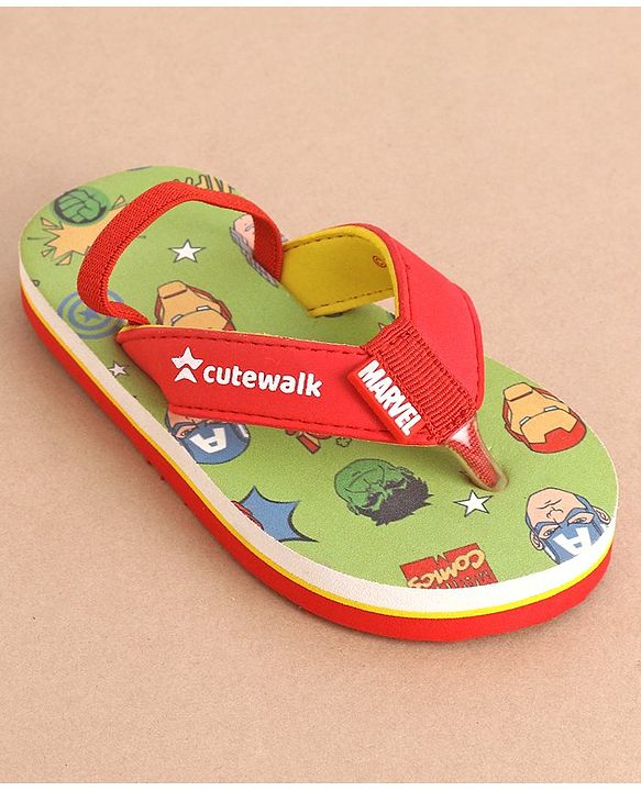 Cute Walk by Babyhug Marvel Flip Flops With Back Strap Avengers Print - Red & Green