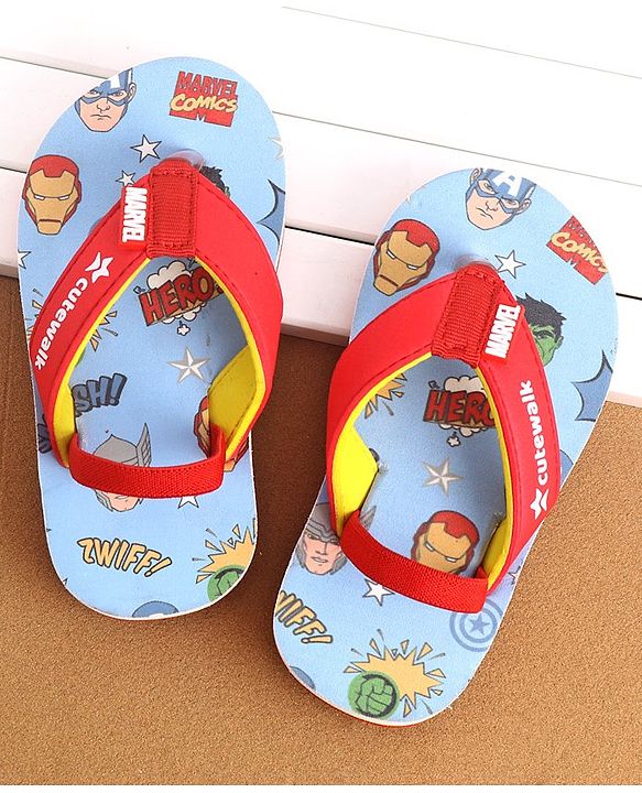 Cute Walk by Babyhug Marvel Flip Flops With Back Strap Avengers Print - Red & Green