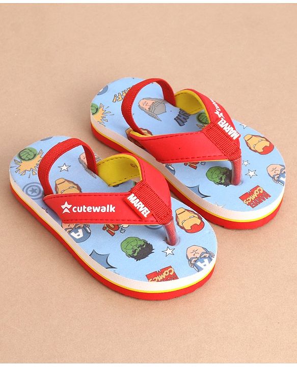 Cute Walk by Babyhug Marvel Flip Flops With Back Strap Avengers Print - Red & Sky Blue