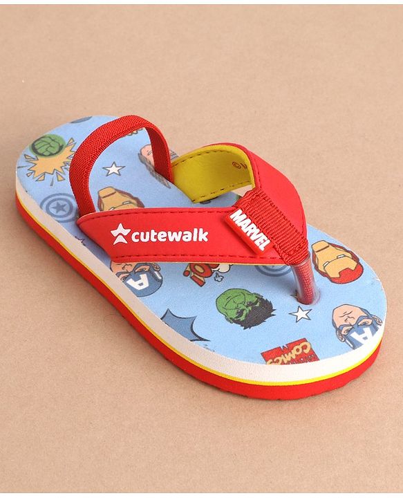 Cute Walk by Babyhug Marvel Flip Flops With Back Strap Avengers Print - Red & Sky Blue