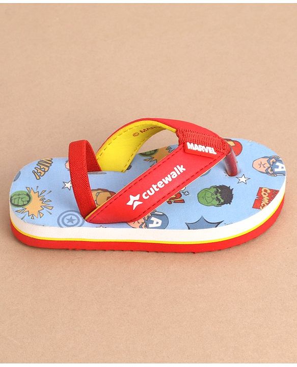 Cute Walk by Babyhug Marvel Flip Flops With Back Strap Avengers Print - Red & Sky Blue
