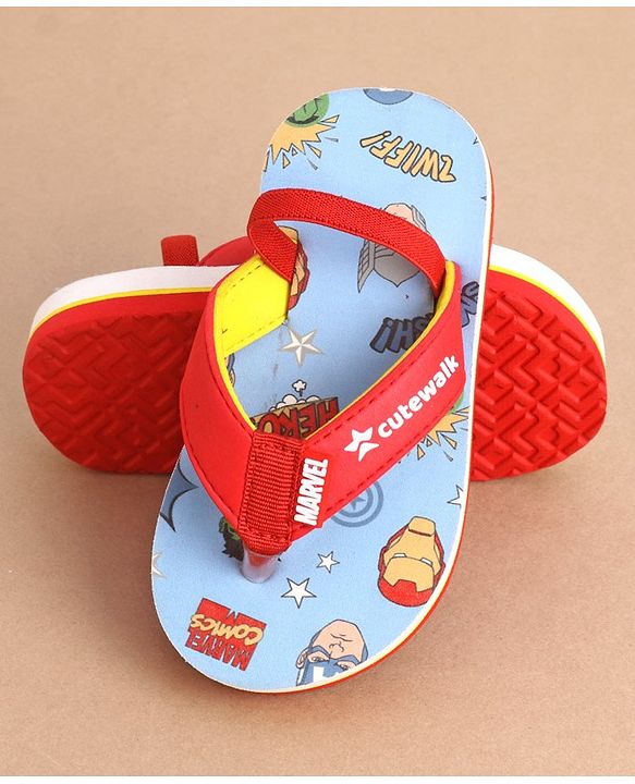Cute Walk by Babyhug Marvel Flip Flops With Back Strap Avengers Print - Red & Sky Blue