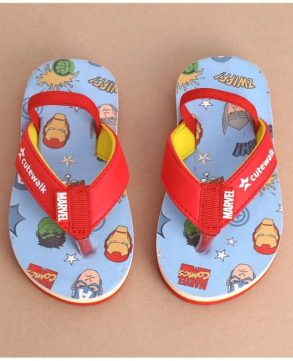 Cute Walk by Babyhug Marvel Flip Flops With Back Strap Avengers Print - Red & Sky Blue