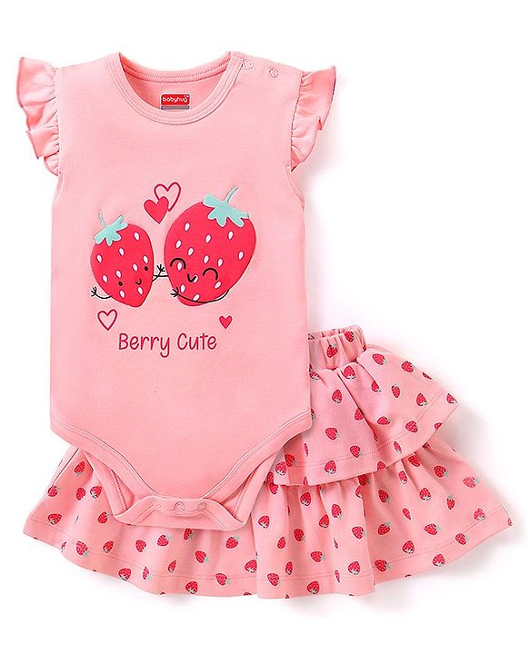 Babyhug 100% Cotton Frill Sleeves Onesies With Skirt Strawberry Print - Pink