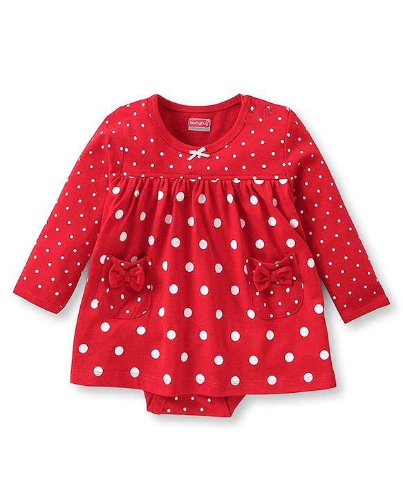 Babyhug 100% Cotton Knit Full Sleeves Frock Style  Onesie with Bow Applique & Polka Dots Print- Red