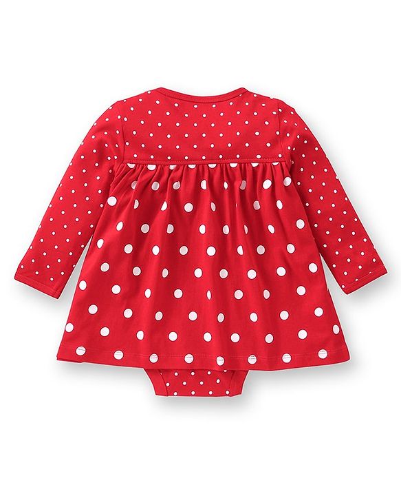 Babyhug 100% Cotton Knit Full Sleeves Frock Style  Onesie with Bow Applique & Polka Dots Print- Red