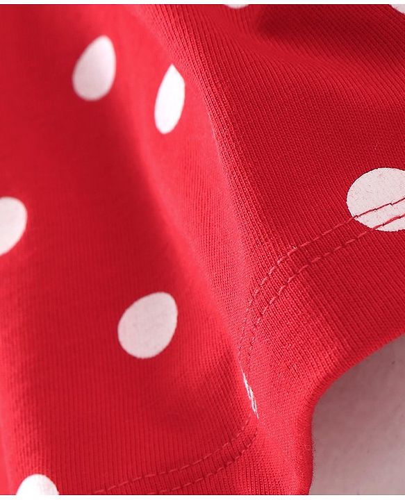 Babyhug 100% Cotton Knit Full Sleeves Frock Style  Onesie with Bow Applique & Polka Dots Print- Red