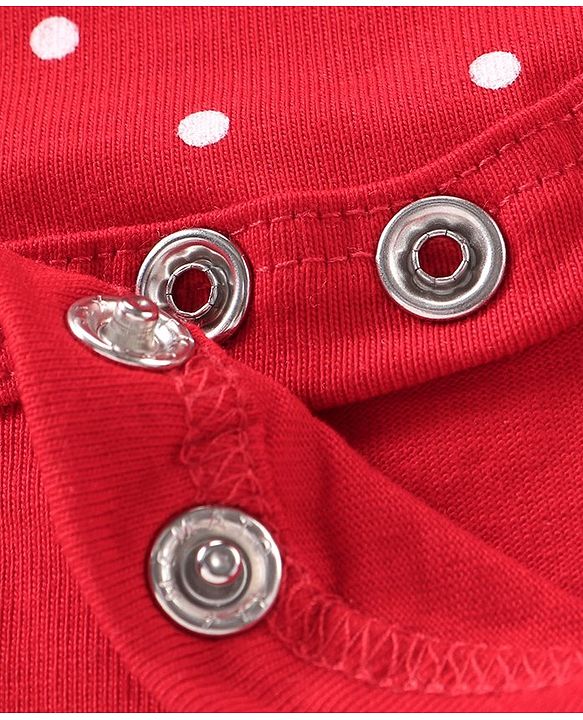 Babyhug 100% Cotton Knit Full Sleeves Frock Style  Onesie with Bow Applique & Polka Dots Print- Red