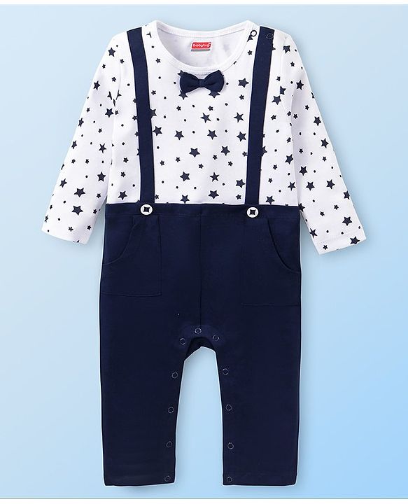 Babyhug 100% Cotton Knit Full Sleeves Romper with Bow Detailing & Star Print - Navy Blue