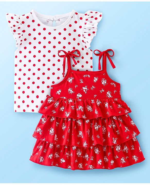 Babyhug Single Jersey Knit Frill Sleeves T-Shirt With Layered Frock Floral Print - White & Red