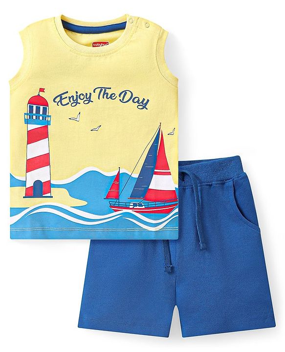 Babyhug Single Jersey Knit Sleeveless T-Shirt & Shorts Set with Boat & Lighthouse Print - Yellow & Blue