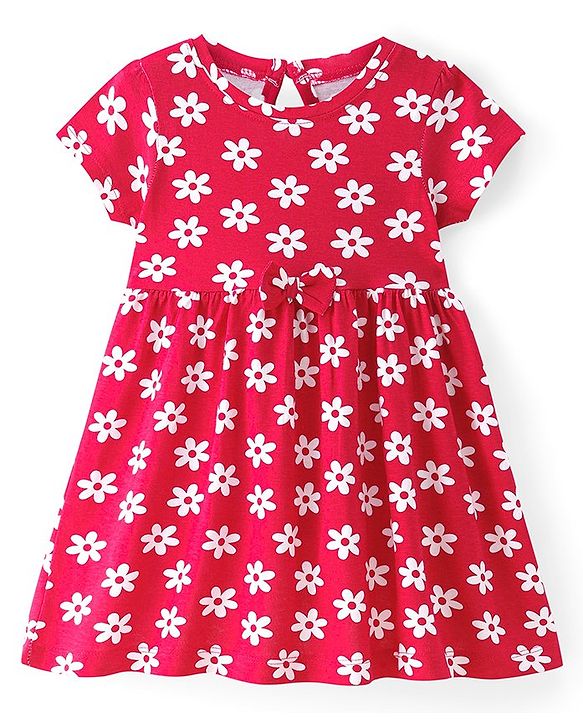 Babyhug Single Jersey Knit Half Sleeves Frock With Floral Print - Red