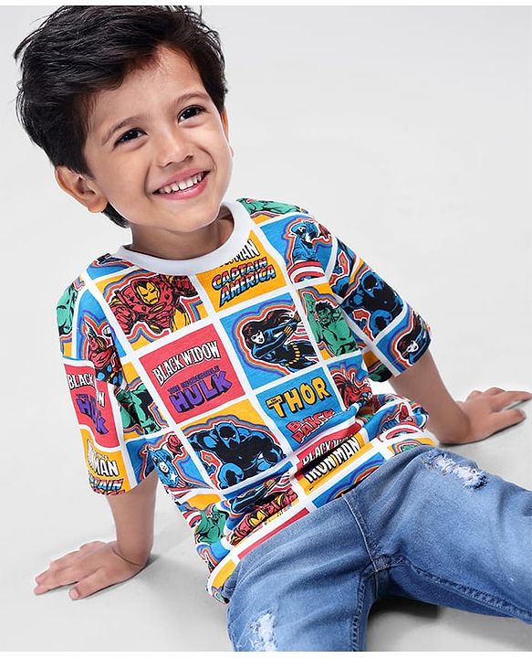 Babyhug Marvel Cotton Knit Half Sleeves T-Shirt with Avenger Graphics - White