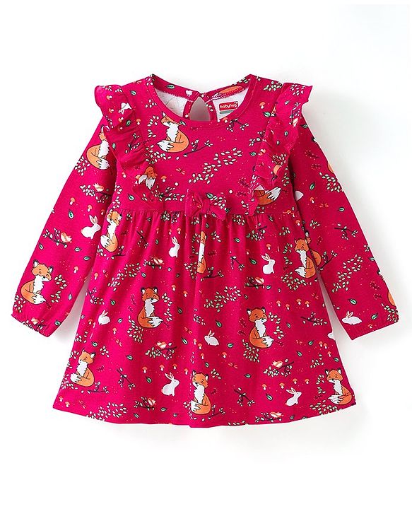 Babyhug Single Jersey Knit Full Sleeves Frock With Animals Print & Frill Detailing - Red