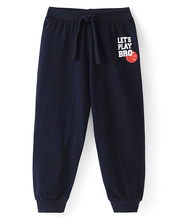 Babyhug Cotton Knit Full Length Lounge Pant with Text Print - Navy Blue