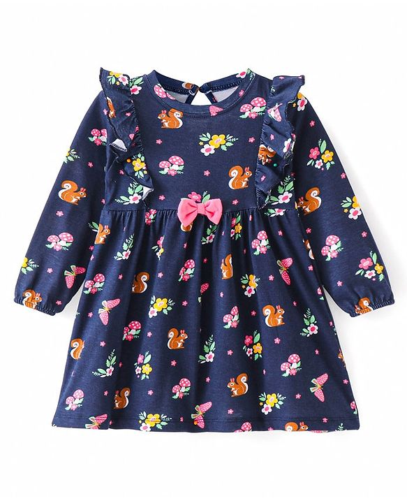 Babyhug Cotton Knit Full Sleeves Frock Floral Print & Frill Detailing with Bow Applique - Navy Blue